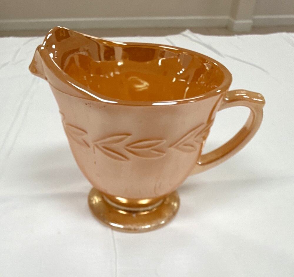 Fire king Peach Amber Glossy Glass Creamer, Leaf Pattern, Oval, 5 fl oz, 4 in